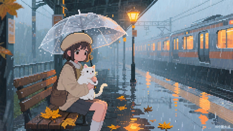 像素风格雨天站台日系少女与小猫插画