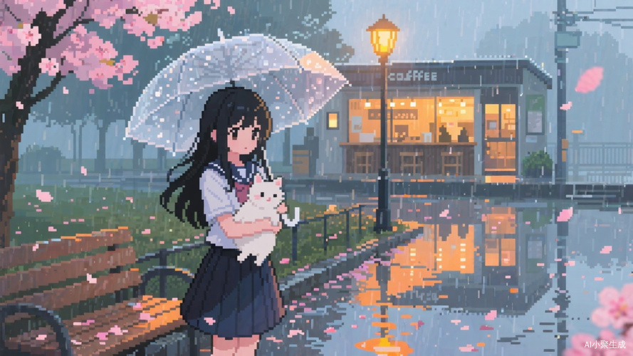 雨天公园日系少女与小猫的像素插画