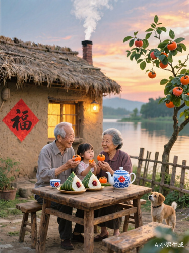 端午节乡村生活老夫妇与孙女的温馨时刻