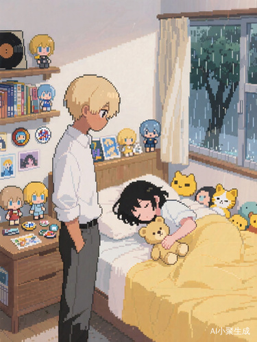 室内像素风格插画男孩凝视床上女孩的温馨场景