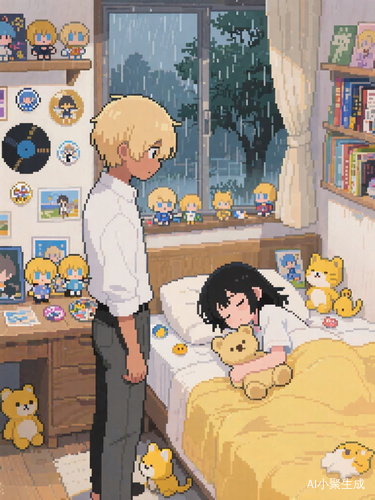 室内像素风格插画男孩凝视床上女孩的温馨场景