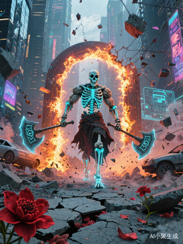视频提示词：以燃烧的火焰拱形传送门为中心展开动态场景，神秘能量流在门框间剧烈波动，巨型骷髅战士手持镶有发光符文的双刃战斧从传送门踏出。肌肉虬结的骸骨躯体缠绕着幽蓝能量流，每步落地都引发地面龟裂与霓虹招牌坠落。背景中赛博朋克风格的高楼群逐帧呈现玻璃幕墙爆裂、钢筋扭曲的破坏过程，空中漂浮着霓虹全息广告碎片。近景特写地面裂缝中生长的赤红曼陀罗在气浪中摇曳，花瓣散落的慢镜头与飞溅的混凝土碎块形成对比。加入动态细节：斧刃劈砍时拖拽的粒子光效、汽车被冲击波掀翻的翻滚轨迹、传送门内若隐若现的AI数据流全息投影。采用电影级运镜：开场俯视废墟全景→环绕巨人仰角镜头→地面裂缝微观视角→最后拉远展现燃烧城市与传送门能量爆发的末日奇观。建议搭配低频震动音效和电子合成器配乐强化科技恐怖氛围。