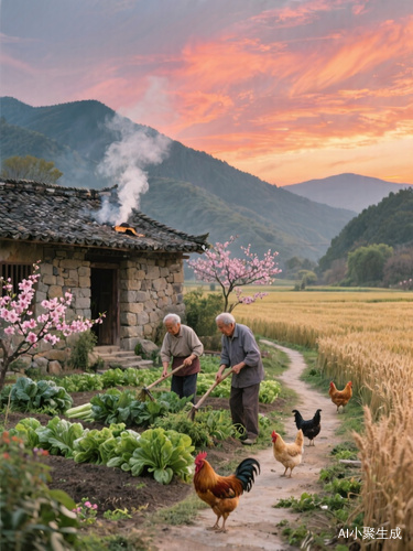 中国传统田园风格,黄昏,晚霞映红半边天,山峦起伏,山脚下一间石墙瓦房,炊烟袅袅,院中种着蔬菜,院角桃花盛开,门前羊肠小道蜿蜒,道路边一望无际的麦田,爷爷奶奶拿着工具在菜园除草,几只鸡在小道边踱步觅食