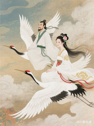 李白和仙女各自乘着一只展翅高飞的白鹤，在云雾缭绕的苍穹中翱翔。两只白鹤羽毛洁白如雪，翅膀舒展有力，动态感十足，形成对称而和谐的飞行姿态。国风动漫风格，细腻工笔画风展现古典美，色调柔和温暖充满诗意氛围；敦煌色调。唐代诗人李白，国风动漫风格。人物气质：李白坐在白鹤上，眼神深邃而略带迷离，体现诗人对天地万物的哲思与豪情。服饰细节：唐代典型白色苎麻长袍，腰间束深绿色革带，衣纹采用工笔飞白技法呈现风吹动。人物刻画精细，面部清晰 仙女身着白色飘逸汉服坐在白鹤上。衣襟与袖口绣金色云纹，腰间束红色绸带；长发披肩戴牡丹珠花发饰，发丝轻盈飞扬；妆容清丽温婉，眉眼含笑；呈现古典浪漫的东方美学氛围，人物刻画精细，面部清晰。