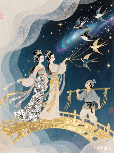 ✨【皮影戏绘画灵感库|东方奇幻美学】✨ 1. 《鹊桥星河》——牛郎织女 ▫️场景:银河用渐变染色的宣纸层叠出星雾,皮影织女衣袂缀银箔碎片,操控丝线牵引的喜鹊群从右下角斜飞入画,牛郎的扁担化作两道金色流光