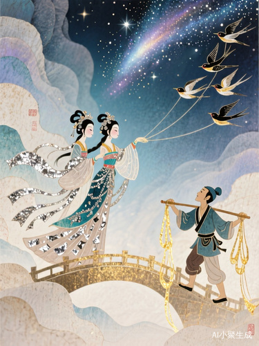 ✨【皮影戏绘画灵感库|东方奇幻美学】✨ 1. 《鹊桥星河》——牛郎织女 ▫️场景:银河用渐变染色的宣纸层叠出星雾,皮影织女衣袂缀银箔碎片,操控丝线牵引的喜鹊群从右下角斜飞入画,牛郎的扁担化作两道金色流光