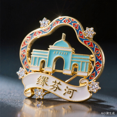 "Art Nouveau风格珐琅胸针式设计,流动曲线黄金框架包裹绥芬河口岸几何简化造型,建筑轮廓填涂天青色釉彩,边框镶嵌俄罗斯传统红蓝佩斯利纹样,下方卷轴式黄金底托铭刻行书'绥芬河',边缘点缀雪花晶体浮雕(象征口岸贸易繁荣),侧逆光拍摄突出珐琅透光性"