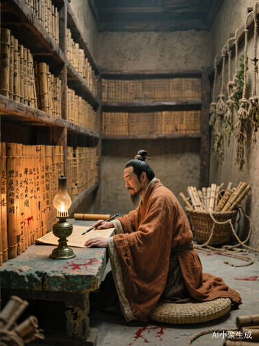 【场景基调】斑驳的青铜油灯在青石案几上摇曳,将司马迁清癯的身影投射在夯土墙上。狭长的兰台石室中,三十七排双层柏木书架呈回字形阵列,数以万计的竹简在幽光中泛着琥珀色光泽,空气里浮动着陈年艾草与松烟墨交织的气息。【人物刻画】身着赭色苎麻深衣的史官半跽于蒲团,左臂广袖被青铜镇尺压住,露出布满墨迹的苍白手腕。他佝偻的脊背与竹简堆形成奇妙共振,仿佛那些记载着三千年历史的竹片正通过狼毫笔将重量注入他的骨骼。眉间两道悬针纹深如刀刻,干裂的嘴唇紧抿成战国错金书般的锋利线条。【竹简矩阵】八十一卷《尚书》残简在左侧垒成齐腰矮墙,右侧《左传》副本以麻绳分国别悬挂于木桁。案头待校的《秦记》竹简呈放射状铺展,朱砂批注如血痕蜿蜒于青篾之间。后方未编次的竹简在藤筐中翻涌,某些断裂的编绳垂落地面,恍若具象化的历史断层。【细节符号】龟甲残片压在砚匣下作为纸镇,半融的犀角墨锭旁散落着削改用的青铜错刀。漆耳杯中的清水倒映着穹顶星图,水面漂浮着两枚因长期摩挲而包浆的占卜蓍草。东壁悬着的七弦琴积满灰尘,唯琴轸处留有新鲜指痕,暗示某个辗转难眠的子夜曾响起过破碎的泛音。【光影叙事】破晓的蟹壳青从天窗斜切而入,与摇曳的灯晕在竹简上厮杀。司马迁的影子随着书写