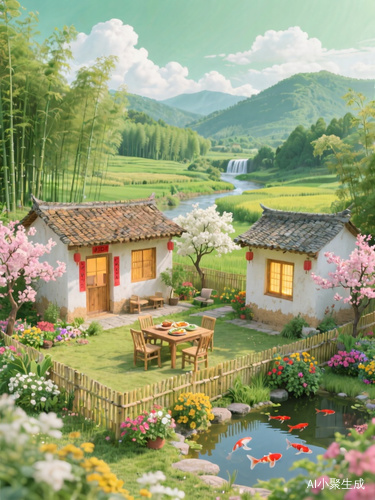 中式土木小屋庭院，一间正房左右两边各一间厢房，白色墙体，陶土屋顶，搭配木质门窗。屋外挂有红色装饰，屋内透出暖光。庭院有竹制围栏，摆放木桌木椅，桌上有食物，周边种满多彩花卉，有粉色和白色开花树木、绿植，设有小池塘，养有锦鲤。远处是竹林、田野、河流小瀑布、山峦，天空有白云。治愈系，乡村，户外，温馨，自然 整体色彩清新自然，以绿色为主调，大片的竹林、田野和远处山峦的绿色，营造出浓郁的生机与活力，传递出乡村田园的自然气息。土坯小屋的暖黄色与灰色瓦片，带来质朴的感觉。庭院中粉色和白色的开花树木、多彩的花卉，以及池塘里红色的锦鲤，成为画面的点缀，丰富视觉层次。天空中白色的云朵与绿色背景相互映衬，使整个画面色彩丰富且和谐，充满童话般的梦幻感 。广视角全景拍摄