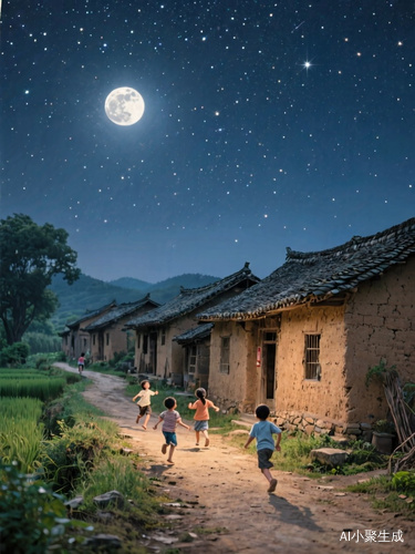 中国传统田园风格，夜晚，满天繁星，皎月高悬天空，一排排的土墙瓦房，房前一条土路，几个小朋友在月光下的土路上追逐嬉戏