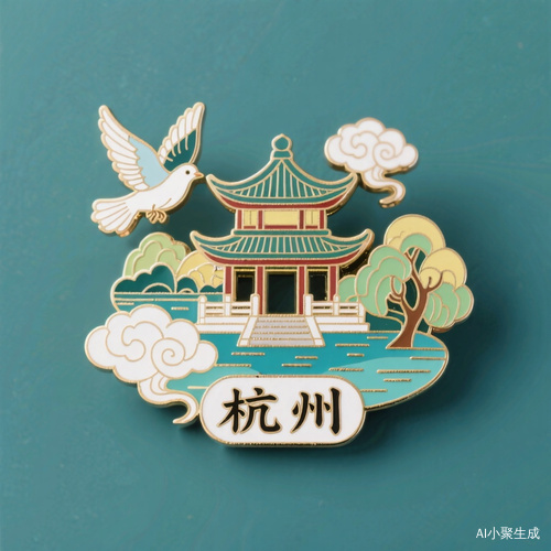 动漫风格杭州珐琅别针设计以中国建筑鸽子祥云西湖元素