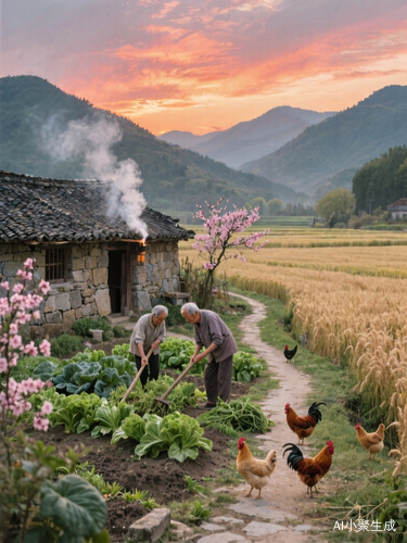 中国传统田园风格,黄昏,晚霞映红半边天,山峦起伏,山脚下一间石墙瓦房,炊烟袅袅,院中种着蔬菜,院角桃花盛开,门前羊肠小道蜿蜒,道路边一望无际的麦田,爷爷奶奶拿着工具在菜园除草,几只鸡在小道边踱步觅食