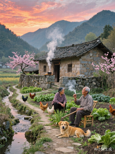 中国传统田园风格,黄昏,晚霞映红半边天,山峦起伏,山脚下一间石墙瓦房,炊烟袅袅,有围墙,院中种着蔬菜,院角桃花盛开,门前羊肠小道蜿蜒,旁边小溪水流过,爷爷坐在椅子抽烟,小黄狗脚边趴着,奶奶拿着工具在菜园除草,有几只鸡。