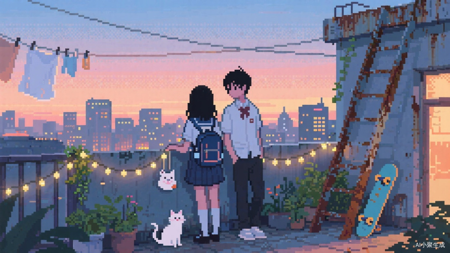像素风格插画,屋顶露台场景。穿着学院制服的少年和穿着jk制服的黑色长发少女背靠栏杆而立,旁边有种白色小猫,书包挂着同款白色小猫挂件,栏杆缠绕LED小灯串和绿植,远处城市天际线渐次亮起灯火,晾衣绳飘动,生锈铁梯旁歪倒的滑板,晚霞在像素网格中呈现马赛克渐变。
