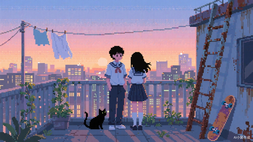 像素风格插画,屋顶露台场景。穿着学院制服的少年和穿着jk制服的黑色长发少女背靠栏杆而立,旁边有种黑色小猫,栏杆缠绕少量绿植,远处城市天际线渐次亮起灯火,晾衣绳飘动,生锈铁梯旁歪倒的滑板,晚霞在像素网格中呈现马赛克渐变。