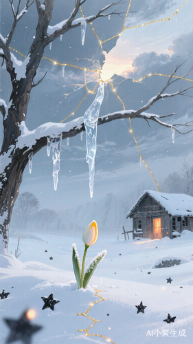 主视图：被雪覆盖的枯树，枝桠间垂落冰凌，其中一根冰凌化作半透明的金线，缝补着天空的裂痕。 雪地上散落着零星的星砂，微光映照出一株将绽的雪滴花，花苞含着未融的霜。背景：灰蓝色的冬云被金线缝合，裂痕处透出极淡的晨光。 远处，一座废弃的木屋半掩在雪中，门缝漏出一点暖色灯火。主色调：雪雾白、冬夜蓝、炭黑 点缀：缝线金、雪滴花蕊的柔黄、灯火橘