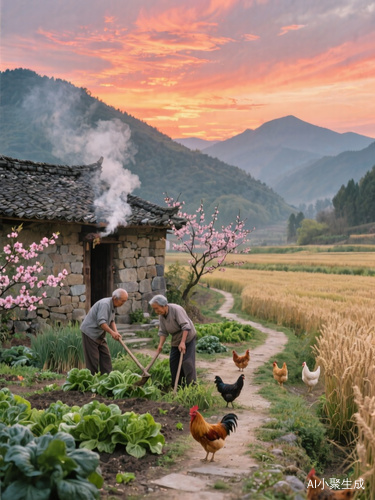 中国传统田园风格,黄昏,晚霞映红半边天,山峦起伏,山脚下一间石墙瓦房,炊烟袅袅,院中种着蔬菜,院角桃花盛开,门前羊肠小道蜿蜒,道路边一望无际的麦田,爷爷奶奶拿着工具在菜园除草,几只鸡在小道边踱步觅食