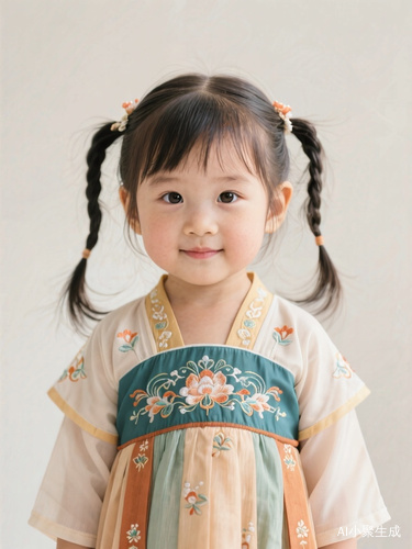一个中国小女子孩,扎着二个马尾辫,穿着一套古风衣服。