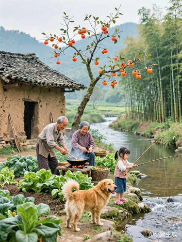 中国传统田园风格,爷爷在种菜,奶奶在炒菜,小女孩在河边钓鱼,大黄狗围在身边,旁边旁边有一条小溪,一座泥土瓦房,一片竹林,一棵柿子树
