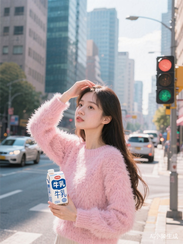 一位女性置身城市街道,背景是高楼建筑、行驶的车辆与交通信号灯,阳光明亮,呈现出日常都市氛围。她穿着粉色毛绒毛衣,长发垂落,左手抬起轻放头顶,姿态随性。手中拿着印有 “牛乳” 字样的饮品包装,整体造型甜美可爱,传递出轻松惬意的生活气息。