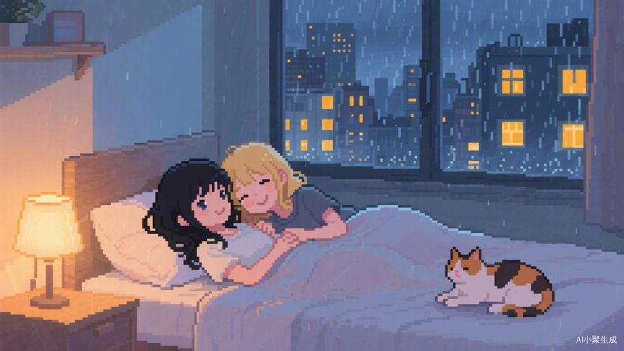 温馨夜雨中的亲密时光黑发女孩与金发女孩相拥