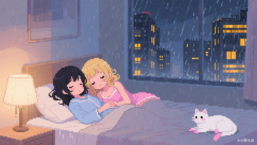 温馨静谧的插画黑发和金发女孩相依床头暖光与雨夜城市景