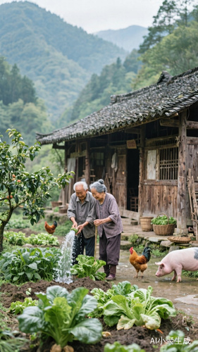 中国传统深山木质建筑，老两口相依为命，居住在山里，种菜，浇水，打理果园，喂鸡养猪