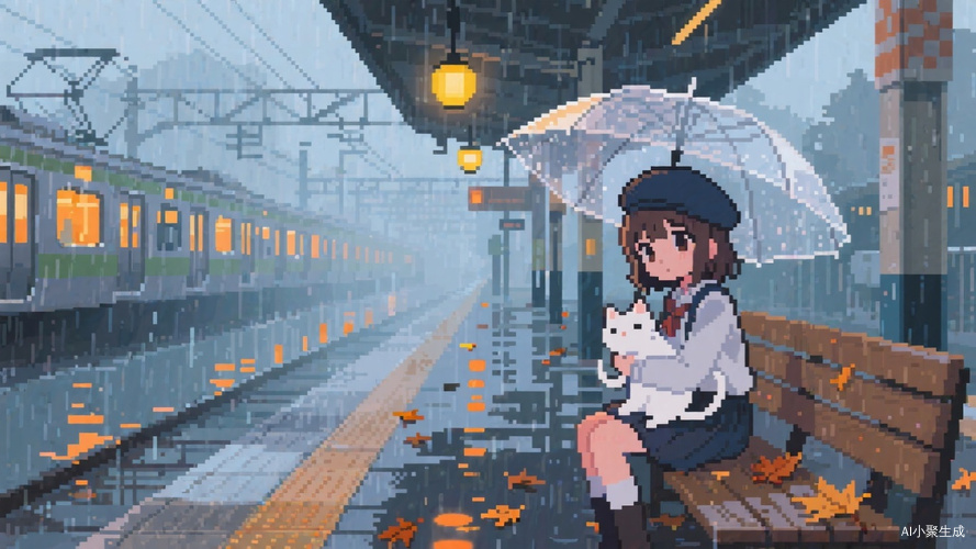 像素风格插画，雨天站台场景。日系动漫脸少女撑透明雨伞，女生戴贝雷帽抱一个白色小猫，月台长椅散落落叶，远处列车灯穿透雨幕，积水倒映暖黄路灯，整体灰蓝色调中点缀暖橙光斑。