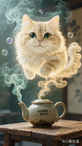 一只造型古朴的陶瓷茶壶置于木桌上，壶口不断冒出袅袅青烟，这些浅金色烟雾缓缓升腾、缠绕、变幻，在半空中逐渐凝聚成一只憨态可掬的巨大微笑猫咪形状，猫咪毛发蓬松如云朵，眼睛圆睁似宝石，整个形象既梦幻又可爱。用泡泡展示″你的愿望…我实现"，古朴的、神秘的、飘渺的、柔软的、庞大的、可爱的。葛饰北斋。浮世绘风格（结合现代超现实元素）。使用Octane渲染实现烟雾的流体动力学效果，细腻呈现陶瓷茶壶的质感和细节，烟雾采用体积光渲染，呈现半透明质感，猫咪形象采用毛发渲染技术，毛发蓬松柔软。采用低角度仰视镜头，突出猫咪的庞大体型，光线采用柔和的顶光，模拟自然光照射效果，背景适当虚化，突出主体烟雾猫咪形象，添加轻微的动态模糊效果，增强烟雾流动感。