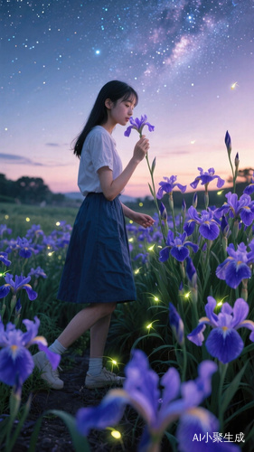 暮色:鸢尾花丛的蓝紫色反光萤火虫与星空的虚实交错,一个中国女孩大约十七岁,走过来,轻轻地闻着花香