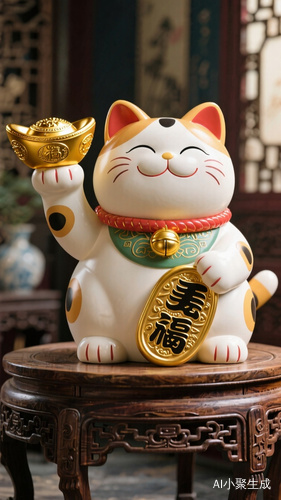 招财猫坐桌上微笑举元宝的吉祥画面