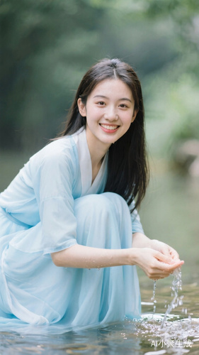 中国二十岁美女身穿淡蓝色浣沙微笑美丽动人