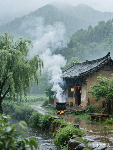 中国传统田园风格的炊烟与狂风暴雨