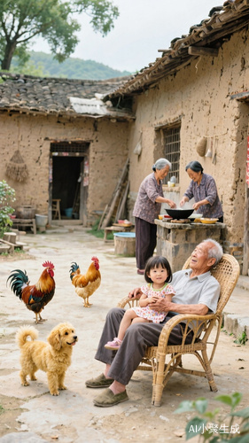 温馨乡村生活爷爷奶奶与小孙女的快乐时光