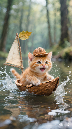 欢快小橘猫在水中冒险乘核桃船的创意画面