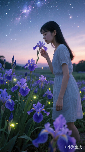 暮色下的鸢尾花与萤火虫交织的星空
