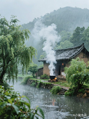 中国传统田园风格,炊烟袅袅,狂风暴雨,房前房后种着柳树