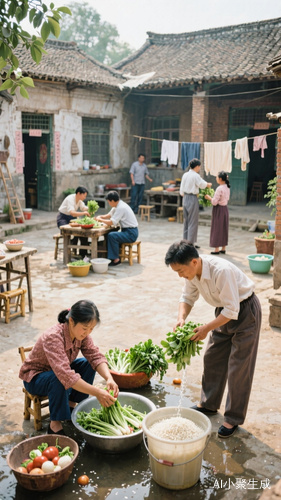在一个中国80年代的大院子里面,有做菜的,有生活的,有摘菜的,有洗米的,有洗衣服的,一片和谐