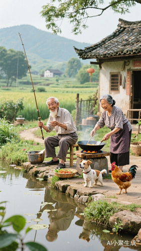 中国传统田园风格,爷爷在钓鱼,奶奶在炒菜,有小狗,鸡