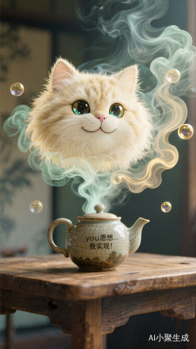 一只造型古朴的陶瓷茶壶置于木桌上,壶口不断冒出袅袅青烟,这些浅金色烟雾缓缓升腾、缠绕、变幻,在半空中逐渐凝聚成一只憨态可掬的巨大微笑猫咪形状,猫咪毛发蓬松如云朵,眼睛圆睁似宝石,整个形象既梦幻又可爱。用泡泡展示″你的愿望…我实现",古朴的、神秘的、飘渺的、柔软的、庞大的、可爱的。葛饰北斋。浮世绘风格(结合现代超现实元素)。使用Octane渲染实现烟雾的流体动力学效果,细腻呈现陶瓷茶壶的质感和细节,烟雾采用体积光渲染,呈现半透明质感,猫咪形象采用毛发渲染技术,毛发蓬松柔软。采用低角度仰视镜头,突出猫咪的庞大体型,光线采用柔和的顶光,模拟自然光照射效果,背景适当虚化,突出主体烟雾猫咪形象,添加轻微的动态模糊效果,增强烟雾流动感。