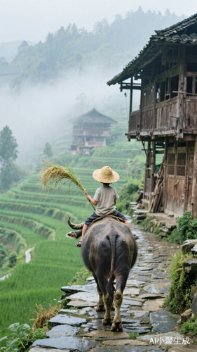 中国传统山地村寨,木质吊脚楼,清晨薄雾笼罩屋顶,青石板路,一个小孩骑在一头牛上带着草帽,手里拿着一根长长的草的背影,梯田,绿色背景,治愈,意境,高清摄影