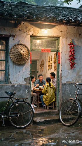 中国80年代的一个小屋,小屋亮着灯,门前一家人正围坐在一起吃饭,门口停着两辆自行车,28大杠,房子的墙上挂着辣椒,竹子编的的雨衣