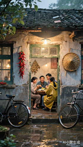 中国80年代的一个小屋,小屋亮着灯,门前一家人正围坐在一起吃饭,门口停着两辆自行车,28大杠,房子的墙上挂着辣椒,竹子编的的雨衣