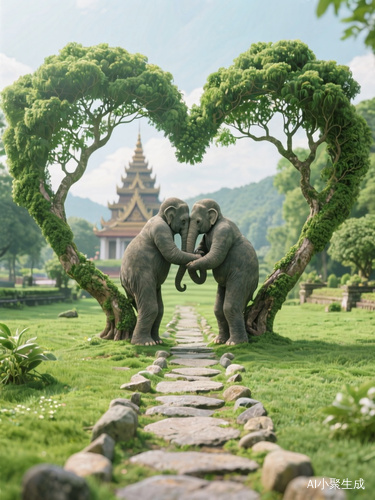 绿色的个子中间有一条两边是爱心形状的石头小路,爱心形状的树,两棵象人一样互相倚靠的,远处有一座寺庙。