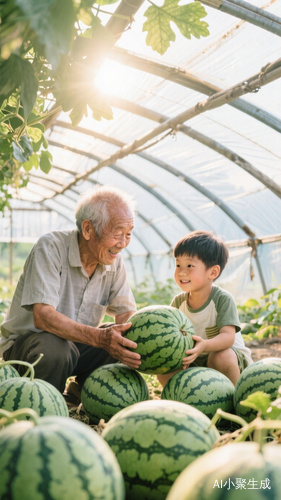 中文:一位和蔼的爷爷和活泼的孙子一起在瓜棚里看守西瓜,阳光透过瓜棚顶洒下,画面温馨且充满生活气息。英文:A kind - hearted grandpa and a lively grandson are guarding watermelons in a melon shed. The sunlight filters through the roof of the shed, creating a warm and life - filled scene.