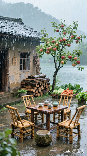 在下雨天,中国湖边的一座乡村房子里,院子里有一棵苹果树,旁边是一堆木头,附近还有一些蔬菜。外面的桌子上放着几把木椅,上面放着茶具。每把椅子前面都有一块小圆石凳,供人们坐下或休息。下雨天,可以看到雨滴从上方落到下面的一切事物上。