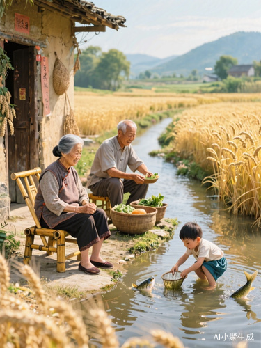 中国中国文娃传统。田园风格。门前条小溪金黄的麦田洒满了金光,奶奶坐在靠椅上。爷爷在做菜。小孩在水里捞鱼