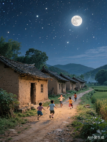 中国传统田园风格,夜晚,满天繁星,皎月高悬天空,一排排的土墙瓦房,房前一条土路,几个小朋友在月光下的土路上追逐嬉戏