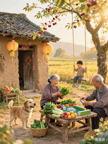 中国中国文化传统。田园风狗。农村的泥墙瓦房上面挂门了灯笼。旁边有个小卓孑,卓子上摆满了蔬菜和水果。 奶奶摘菜。爷爷打麻将。有一棵樱桃树。树上有秋千有个小孩坐秋千上,田园金色专孑,洒满了金光。