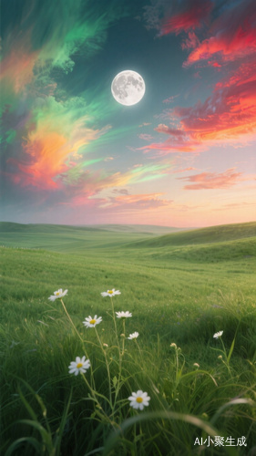 一幅梦幻的自然景象。画面中,广阔的绿色草地延伸至远方,前景有几株白色的小花在微风中摇曳。天空中,一轮明亮的月亮高悬,周围环绕着色彩斑斓的云彩,呈现出红、橙、绿等绚丽色调,营造出神秘而浪漫的氛围。图片风格为写真,比例 9:16。